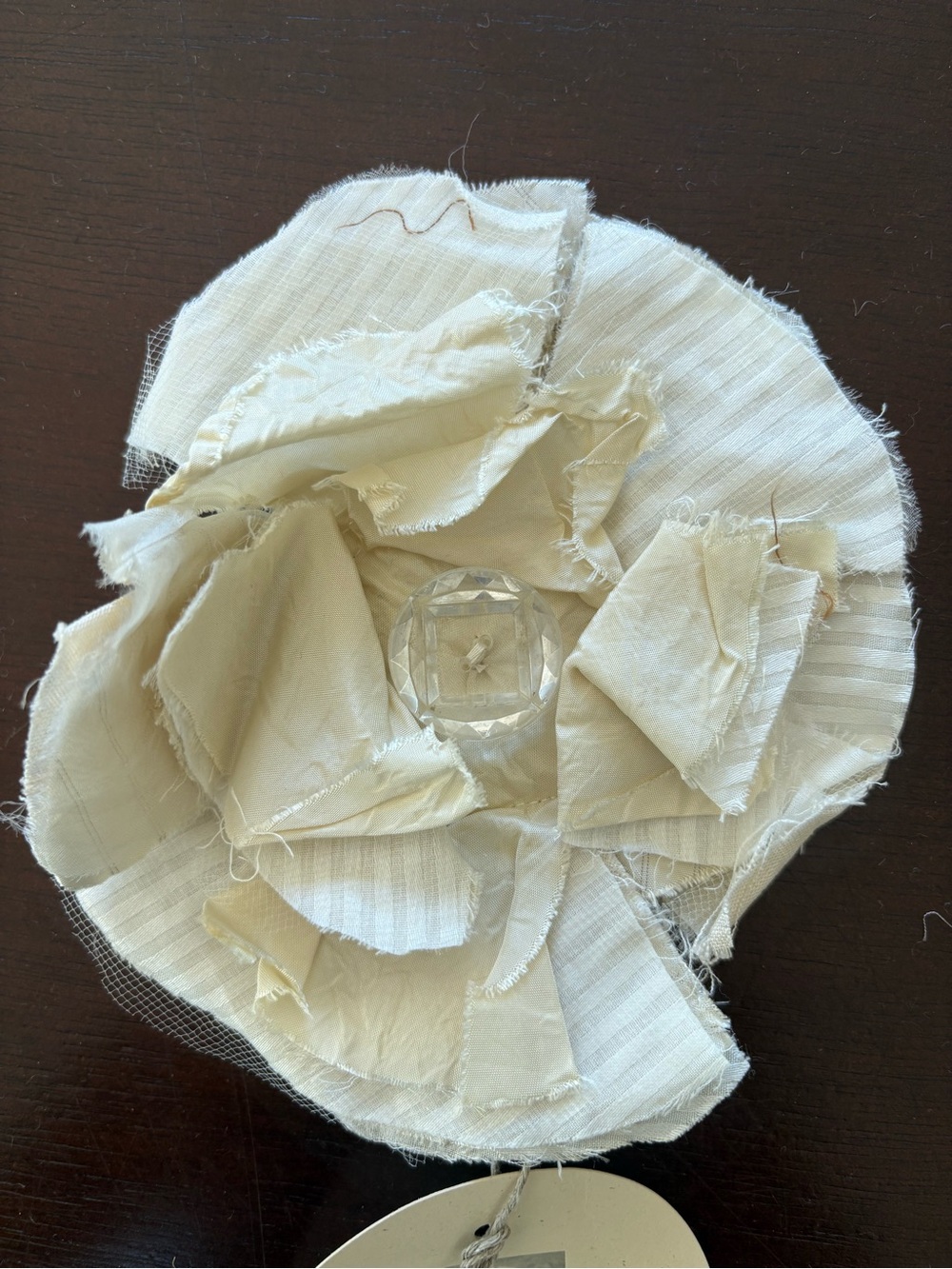 Delicate Cream Fabric Flower Brooch with Crystal Center